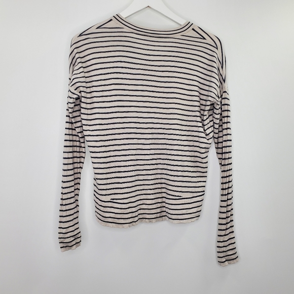 Athleta Retreat Navy Striped V-Neck Silk Cotton Cashmere Women’s Sweater - Picture 4 of 6